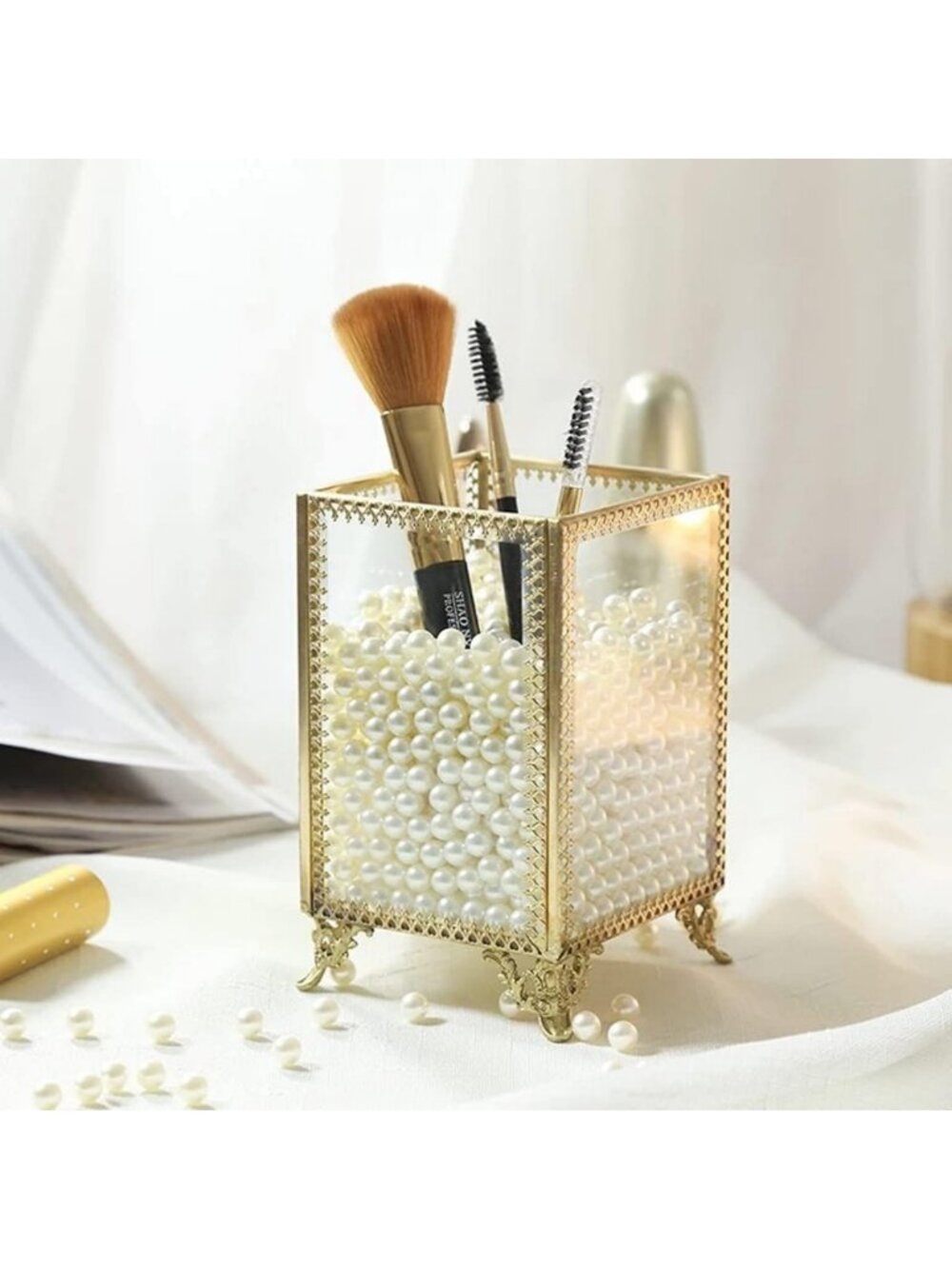 Vintage Glass Makeup Brush Holder with White Pearls - Handmade Organizer for